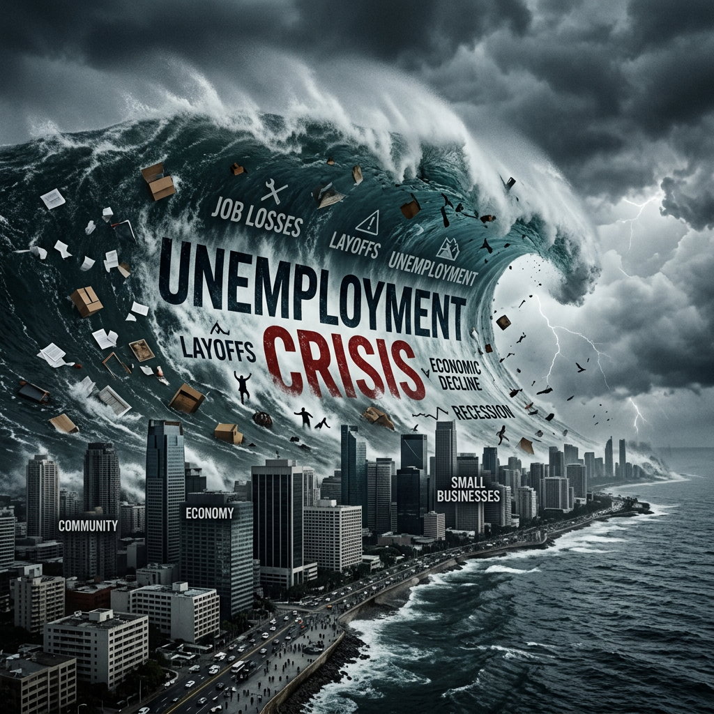Tsunami wave with words unemployment crisis, job losses, layoffs, economic decline, recession approaching city buildings labeled community, economy, small businesses