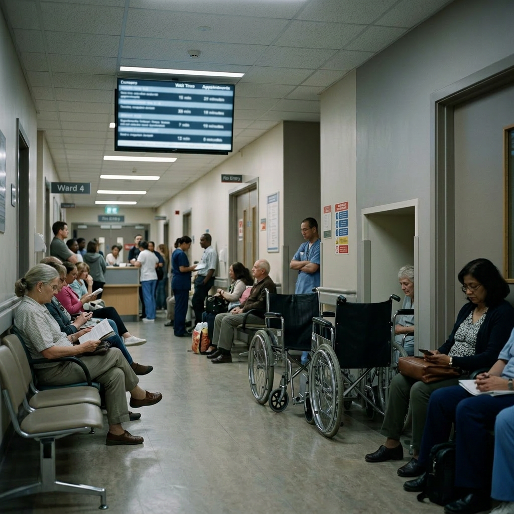 Two empty wheelchairs in a hospital hallway near ward 4