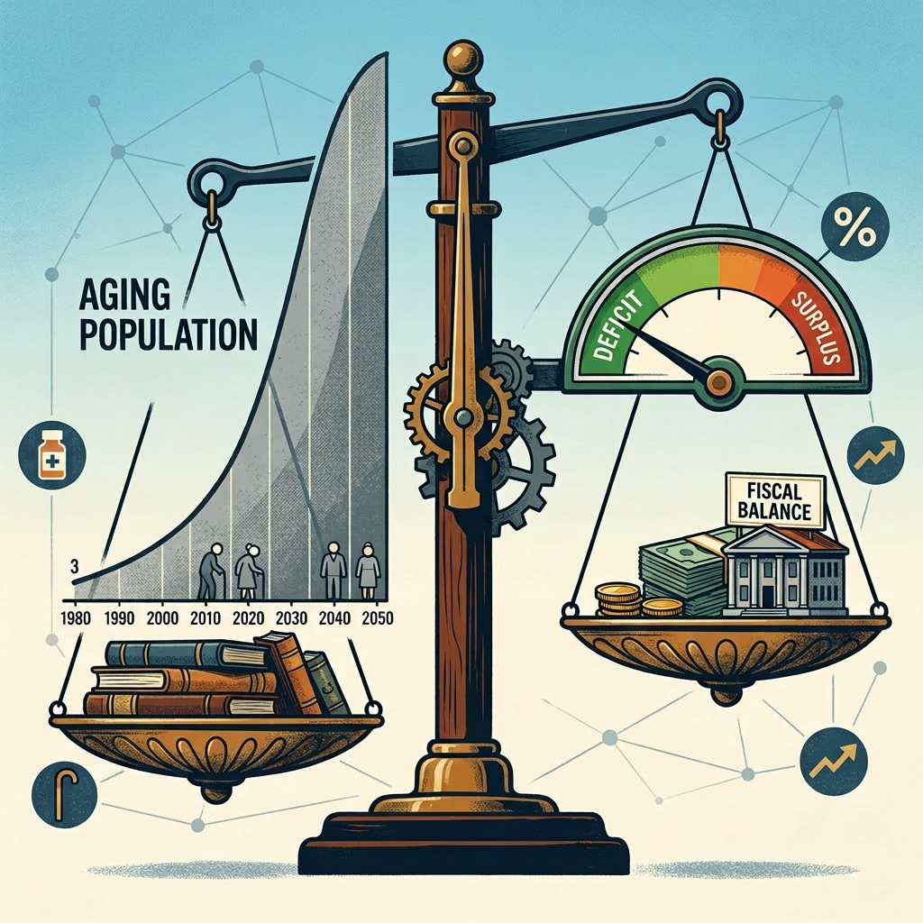 Balance scale showing aging population curve and fiscal deficit vs surplus