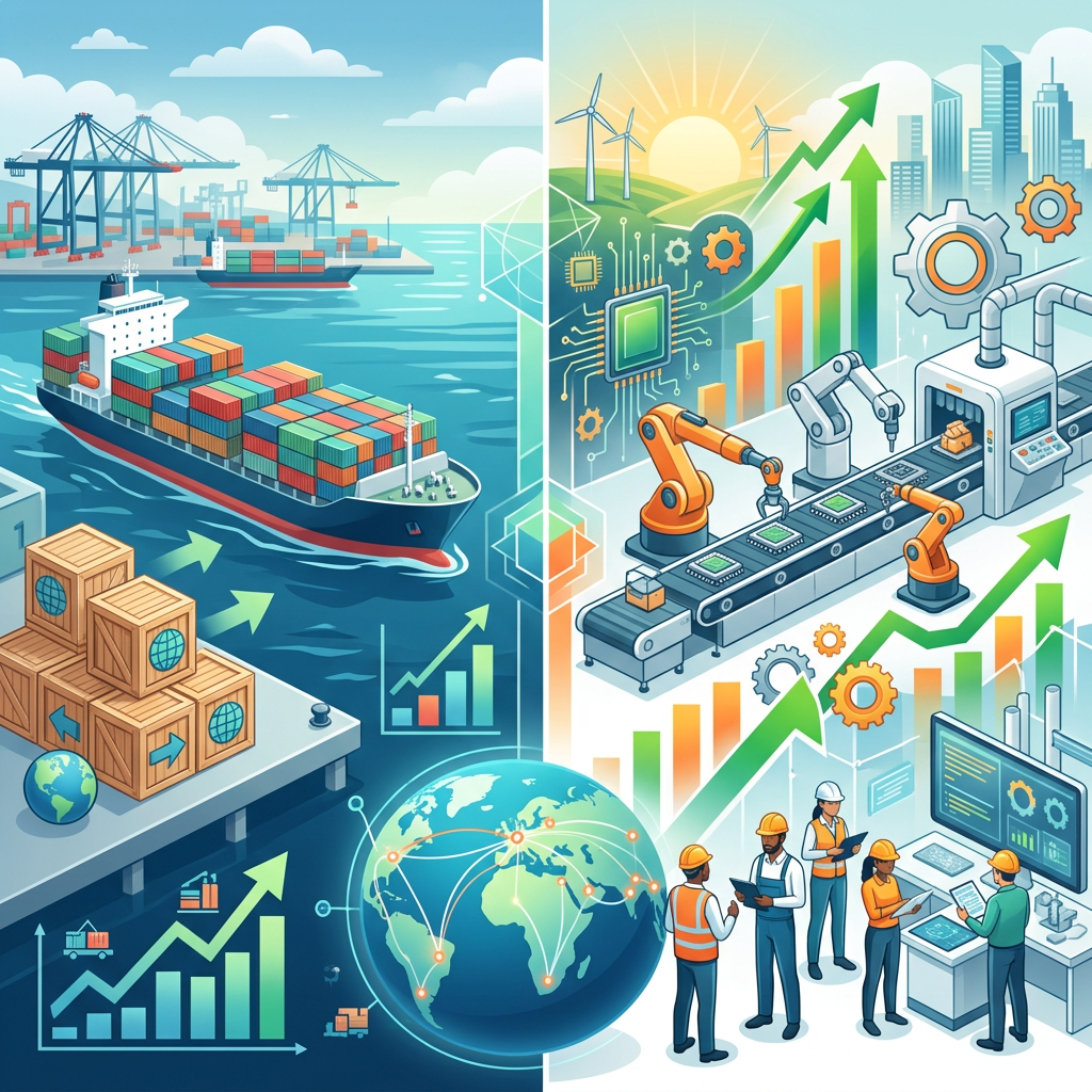 Split scene showing exports and productivity growth